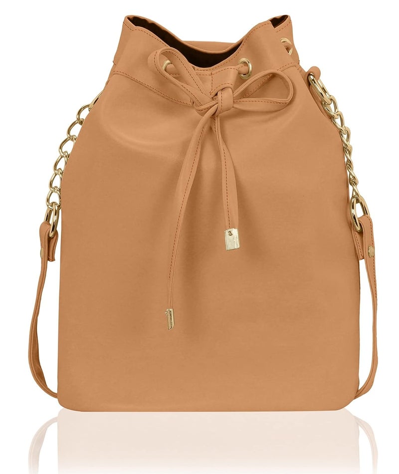 KLEIO Stylish Solid Color Bucket Sling Bag for Women - Tan Faux Leather - Image 1